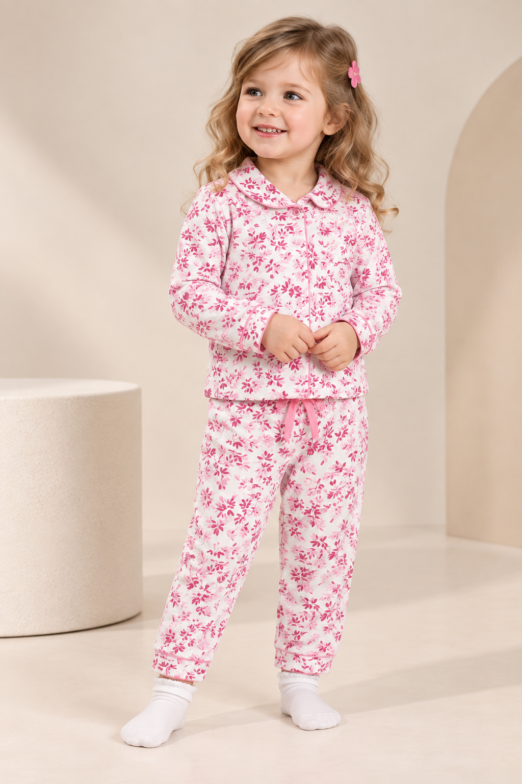 Girls Pink Floral Printed Full-Sleeve Cotton Night Suit with Collared Top & Pyjama-WIN32T