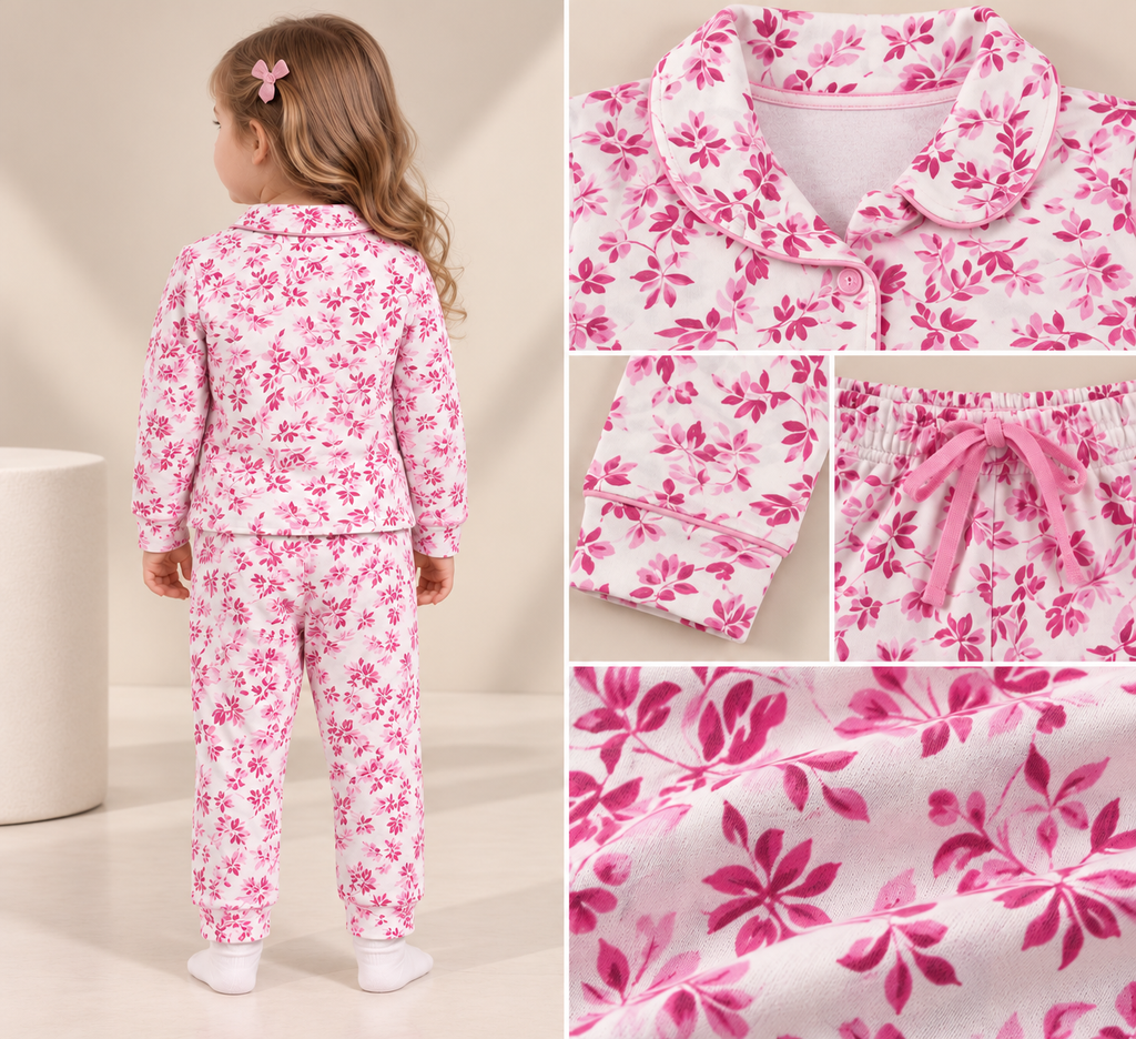 Girls Pink Floral Printed Full-Sleeve Cotton Night Suit with Collared Top & Pyjama-WIN32T