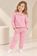 Girls Pink Floral Printed Full-Sleeve Cotton Night Suit with Collared Top & Pyjama-WIN33T