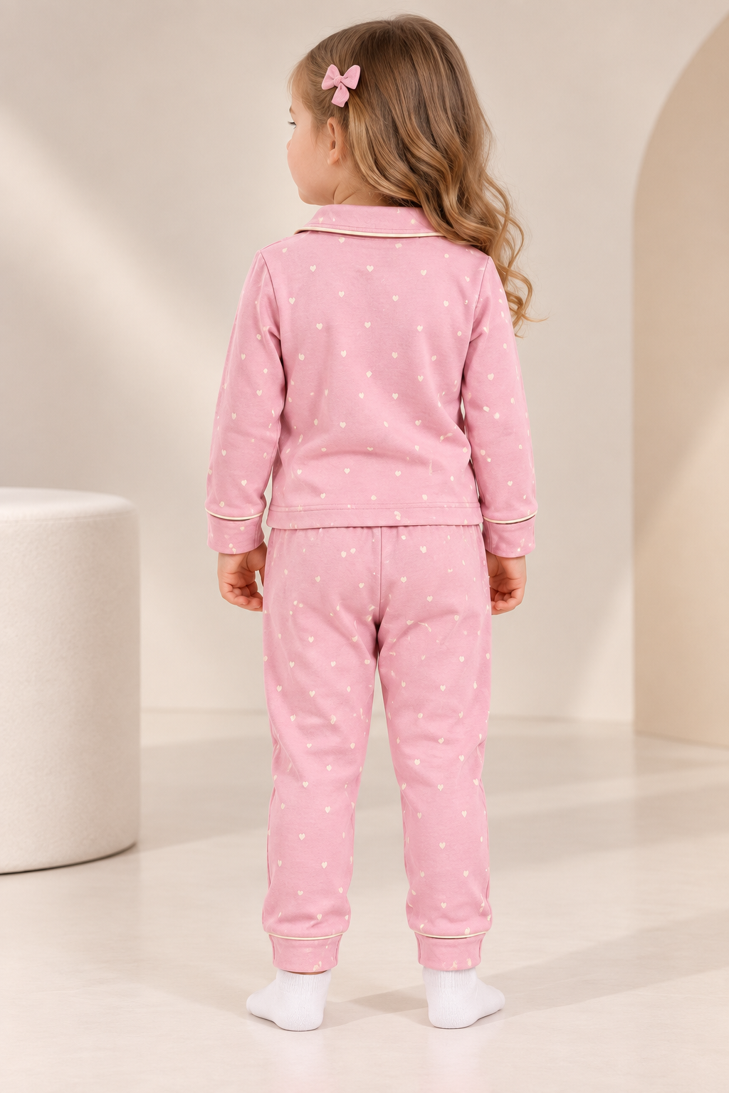 Girls Pink Floral Printed Full-Sleeve Cotton Night Suit with Collared Top & Pyjama-WIN33T