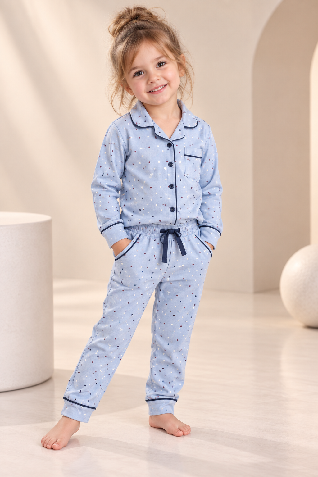 Girls' Blue Printed Full-Sleeve Button-Down Night Suit with Pyjama Set-WIN34T
