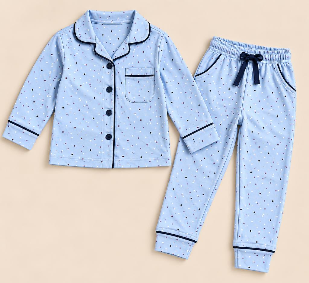 Girls' Blue Printed Full-Sleeve Button-Down Night Suit with Pyjama Set-WIN34T