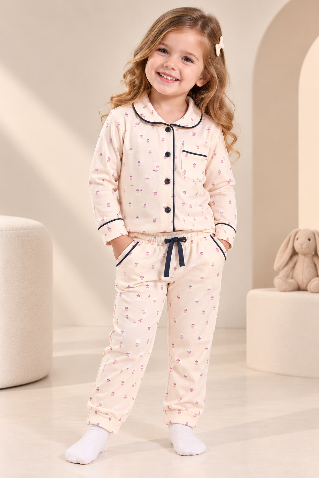 Girls' Printed Full-Sleeve Night Suit with Button-Down Top & Pyjama Set-WIN35T
