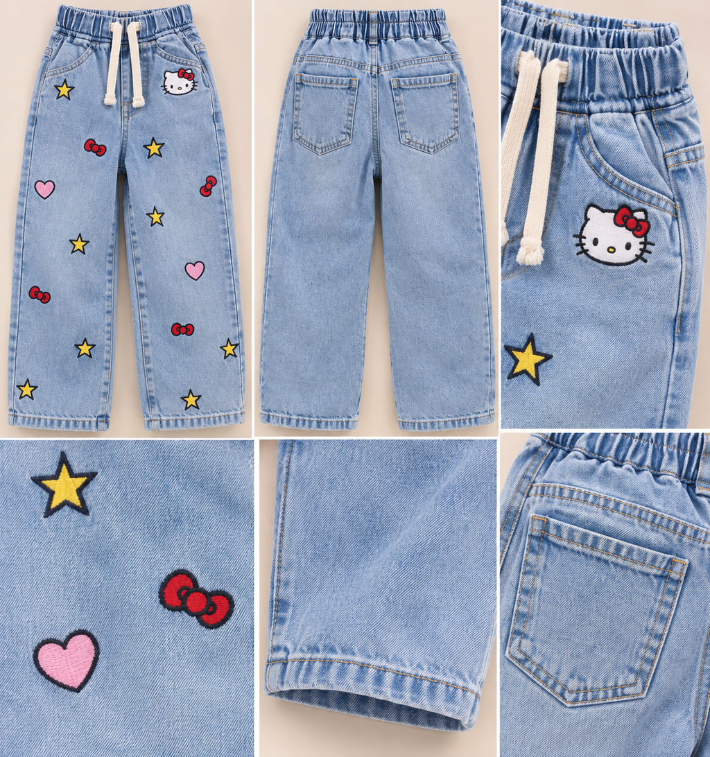 Girls Hello Kitty Printed Wide Leg Denim Jeans-WIN3V