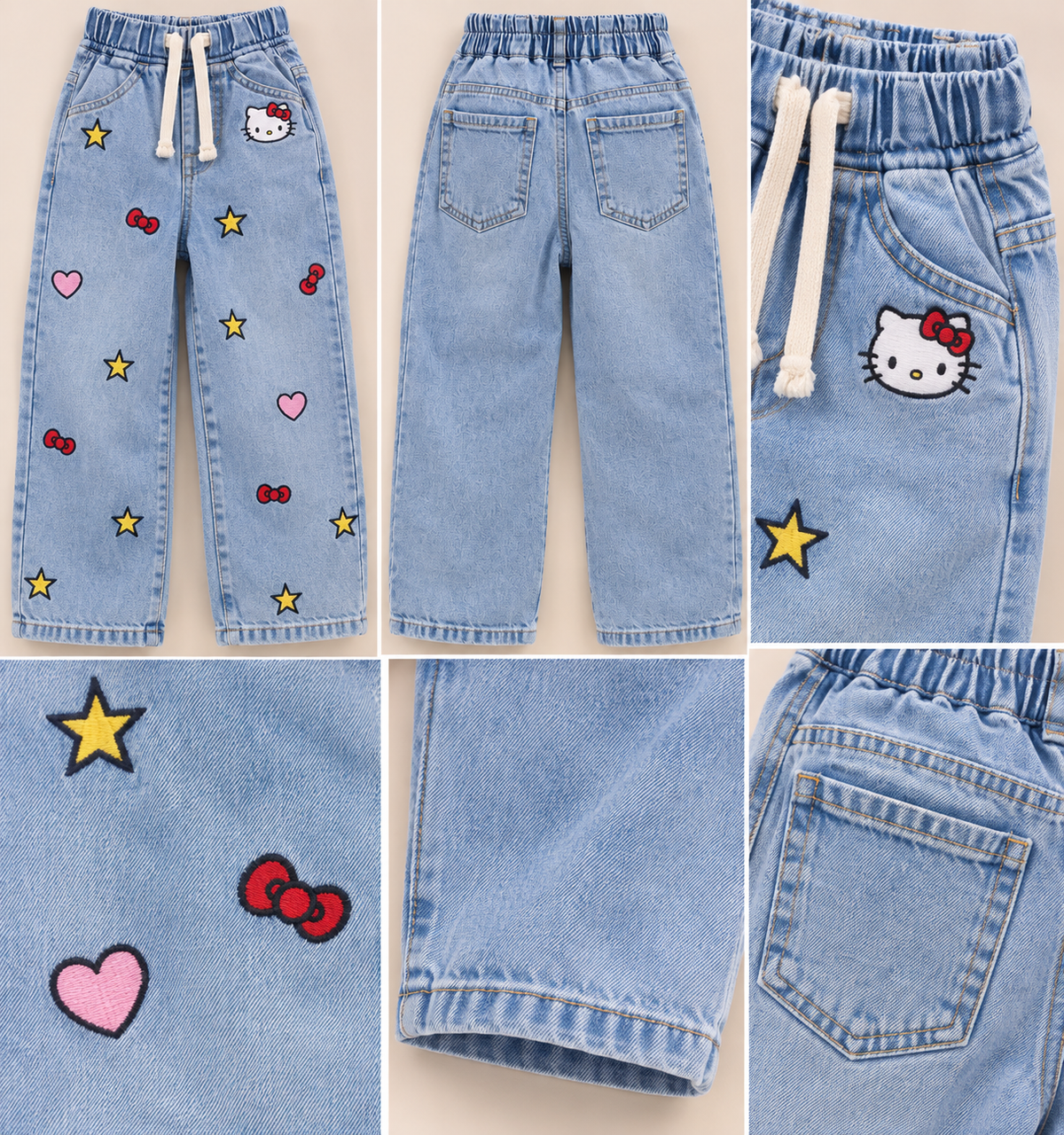 Girls Hello Kitty Printed Wide Leg Denim Jeans-WIN3V