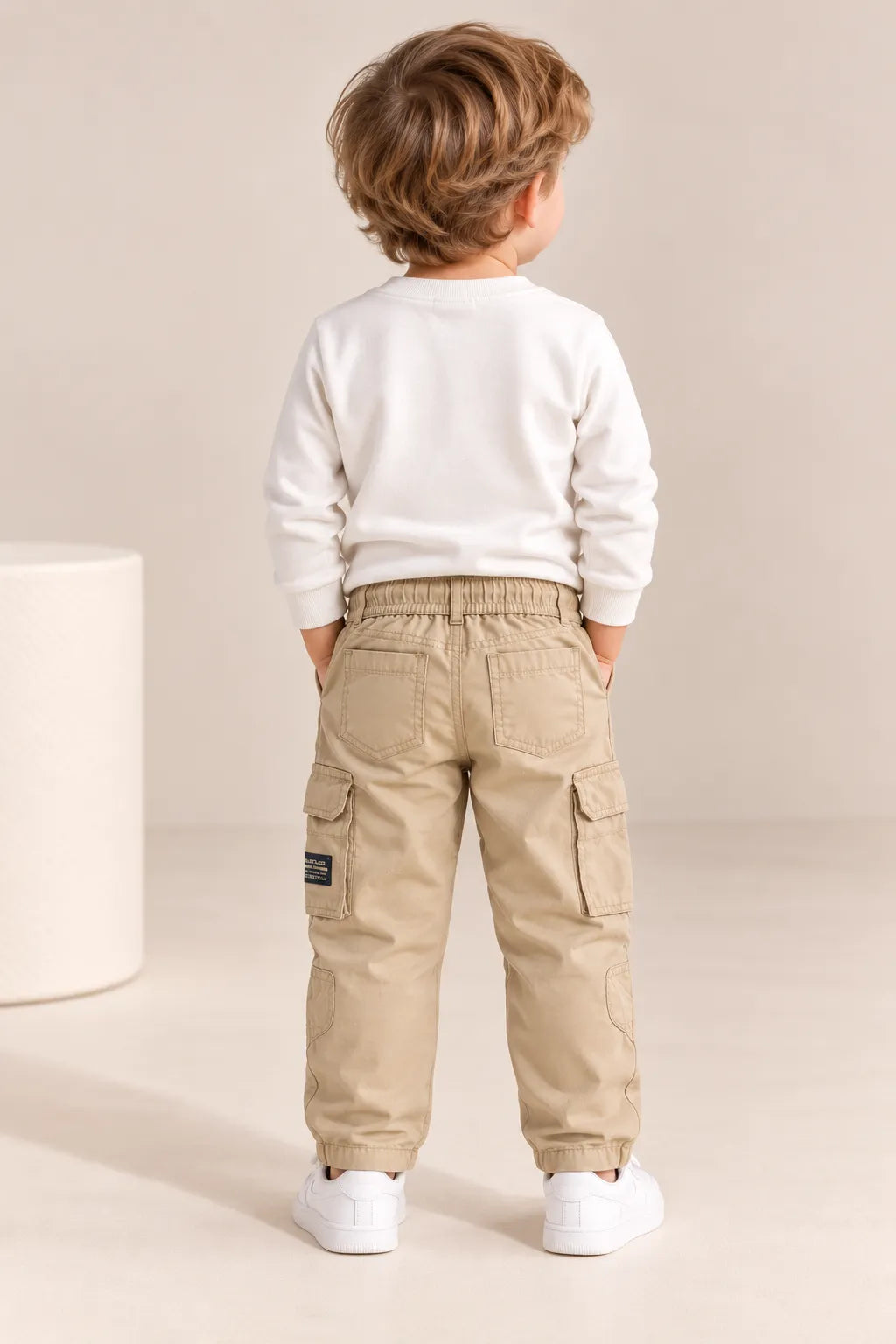 Boys Solid Beige Cotton Cargo Jogger Pants with Multiple Utility Pockets-WIN4V