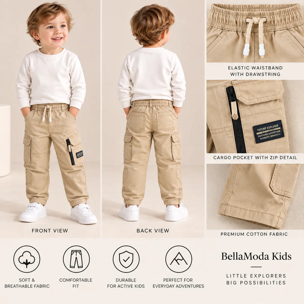 Boys Solid Beige Cotton Cargo Jogger Pants with Multiple Utility Pockets-WIN4V