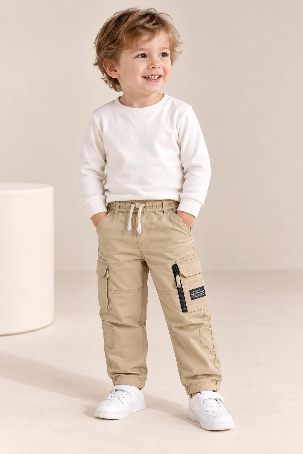 Boys Solid Beige Cotton Cargo Jogger Pants with Multiple Utility Pockets-WIN4V
