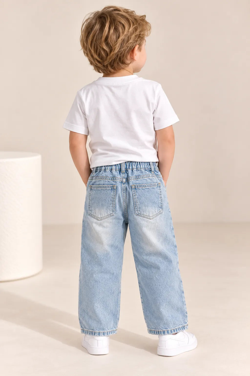 Boys Light Blue Printed & Distressed Wide Leg Denim Jeans-WIN5V