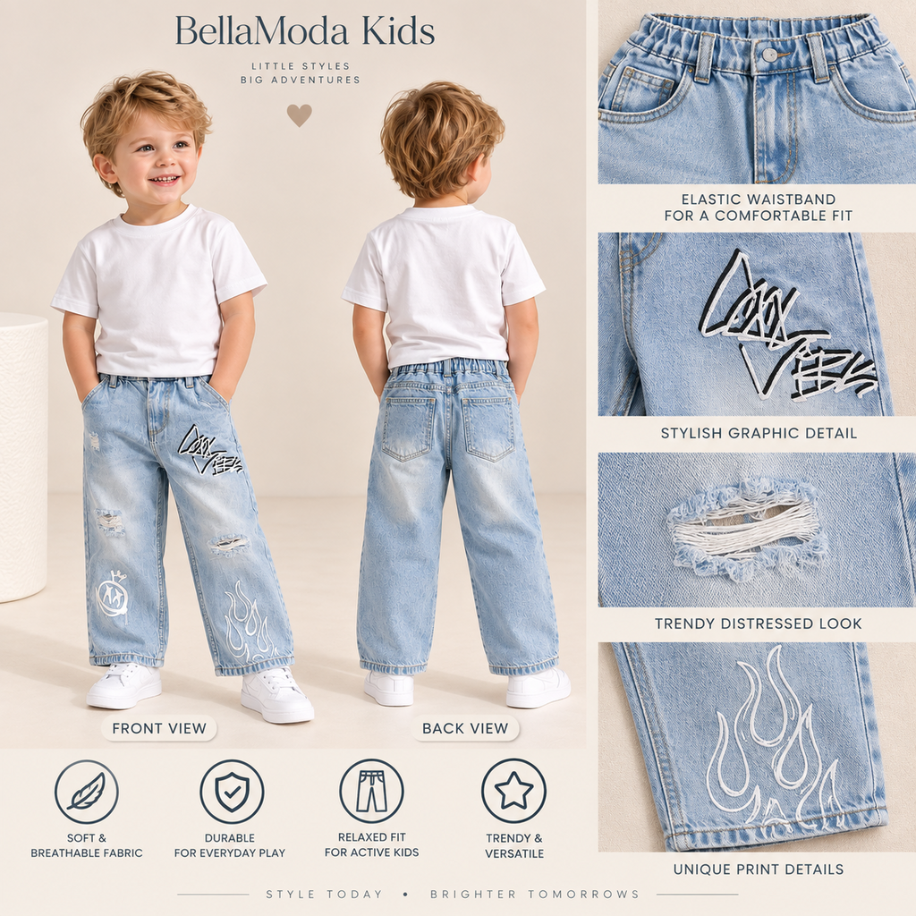 Boys Light Blue Printed & Distressed Wide Leg Denim Jeans-WIN5V