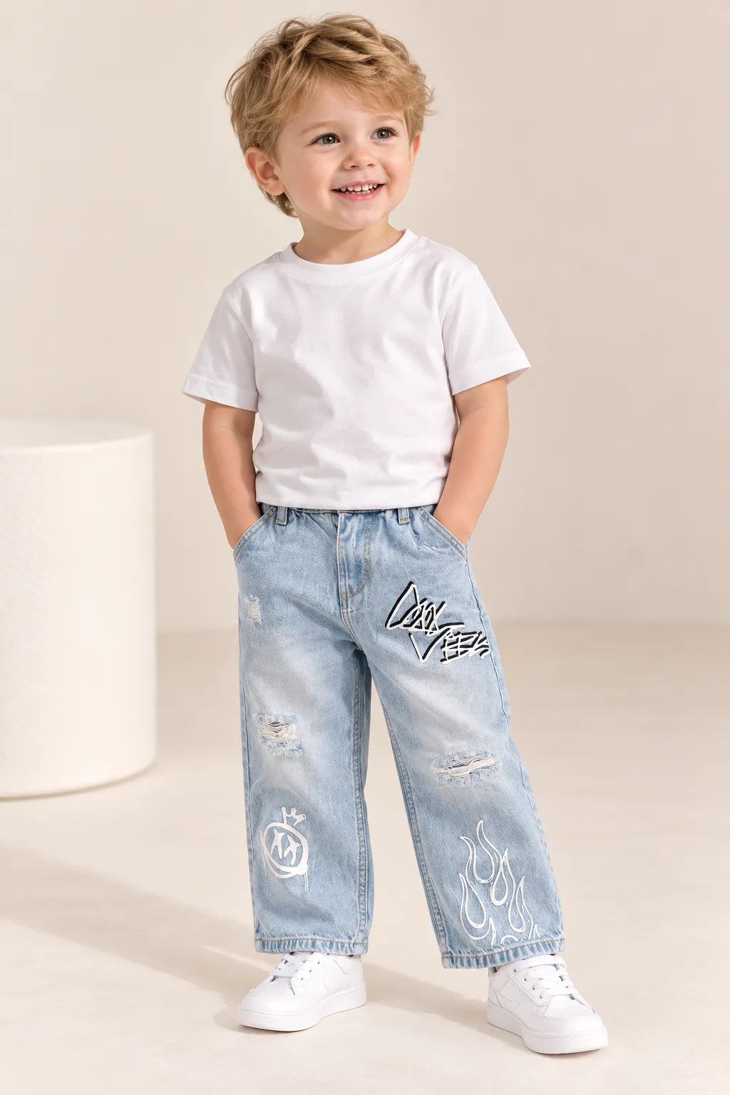 Boys Light Blue Printed & Distressed Wide Leg Denim Jeans-WIN5V