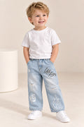 Boys Light Blue Printed & Distressed Wide Leg Denim Jeans-WIN5V