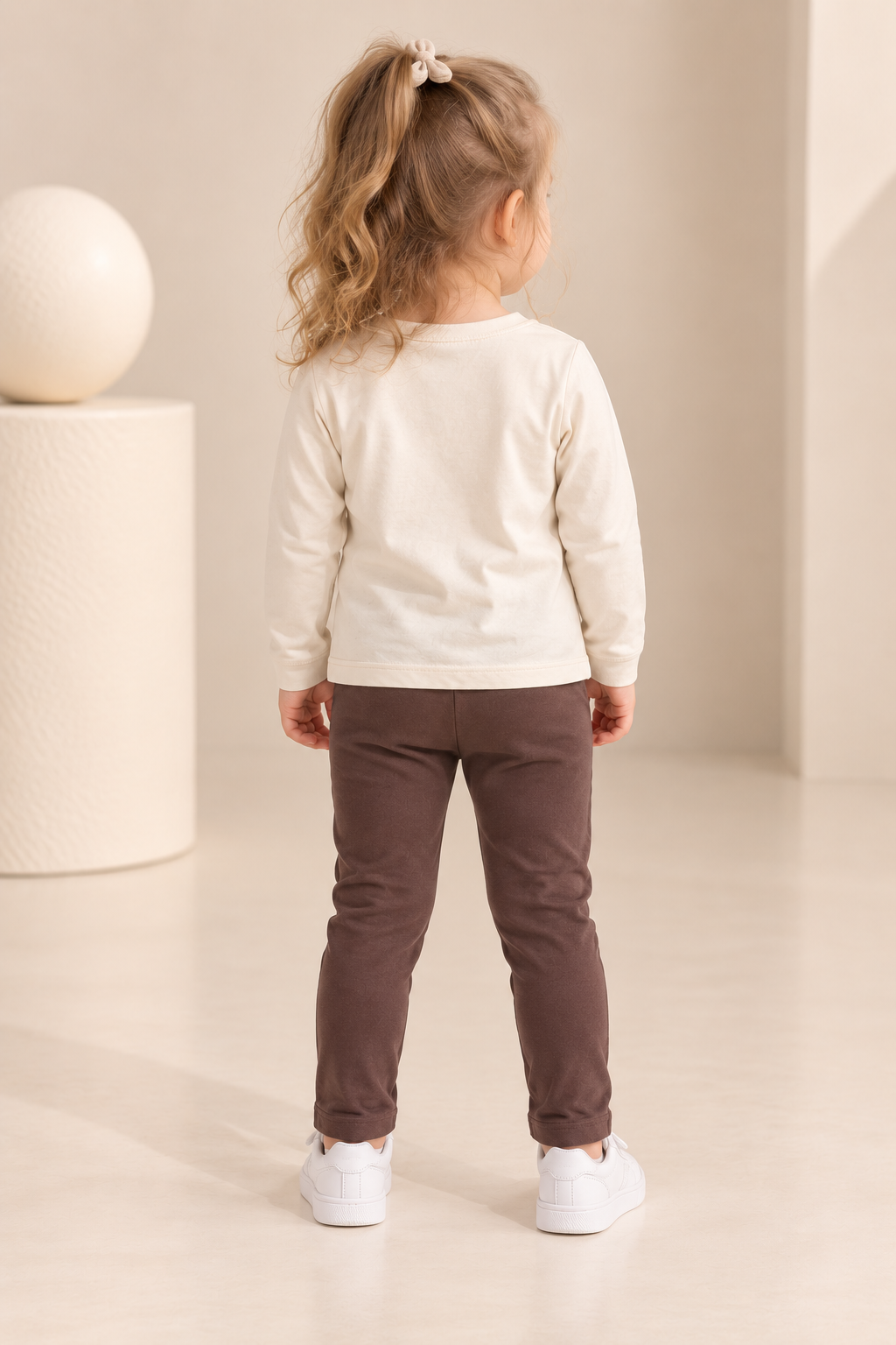 Girls' Cream Full-Sleeve Printed T-Shirt with Brown Slim-Fit Pants Set-WIN51Q