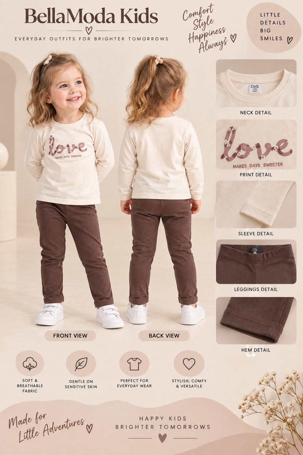 Girls' Cream Full-Sleeve Printed T-Shirt with Brown Slim-Fit Pants Set-WIN51Q