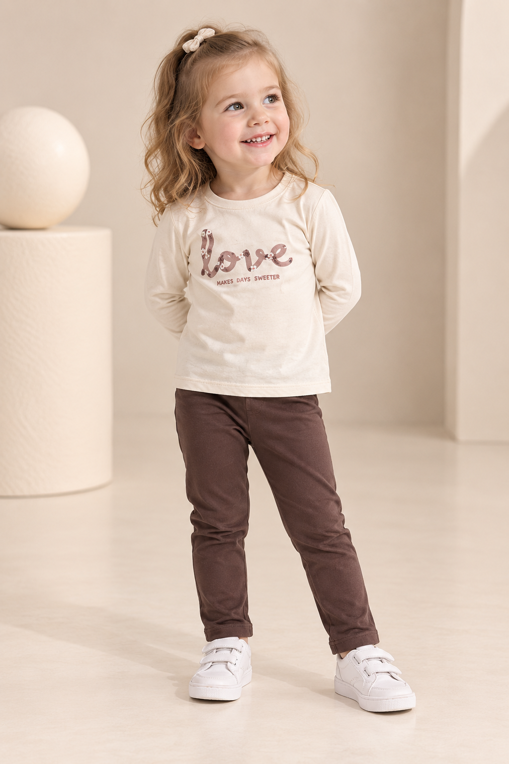 Girls' Cream Full-Sleeve Printed T-Shirt with Brown Slim-Fit Pants Set-WIN51Q