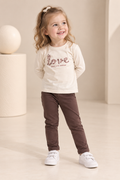 Girls' Cream Full-Sleeve Printed T-Shirt with Brown Slim-Fit Pants Set-WIN51Q
