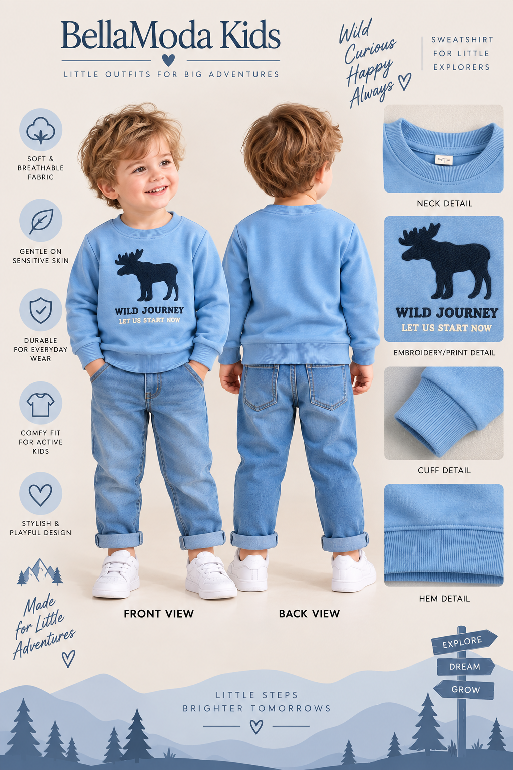 Boys Moose Graphic Printed Crew Neck Sweatshirt-WIN61F