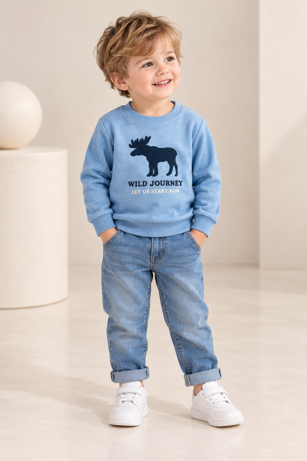Boys Moose Graphic Printed Crew Neck Sweatshirt-WIN61F