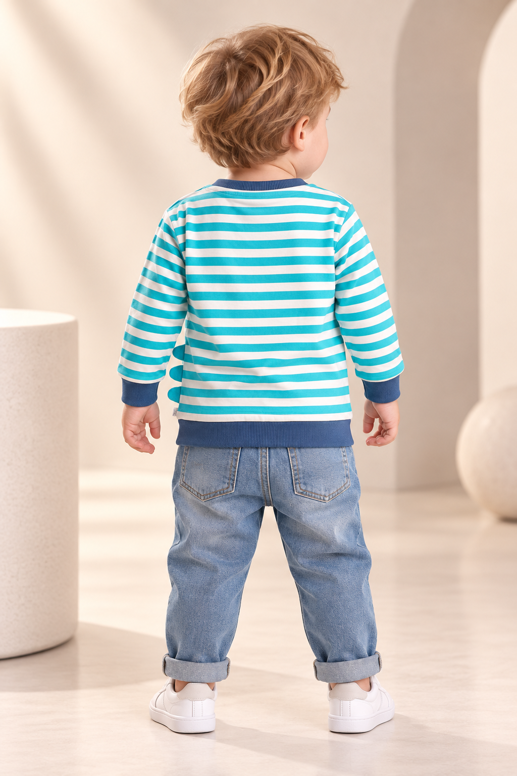 Boys Striped Cotton Sweatshirt with Dinosaur Pocket Detail-WIN65J
