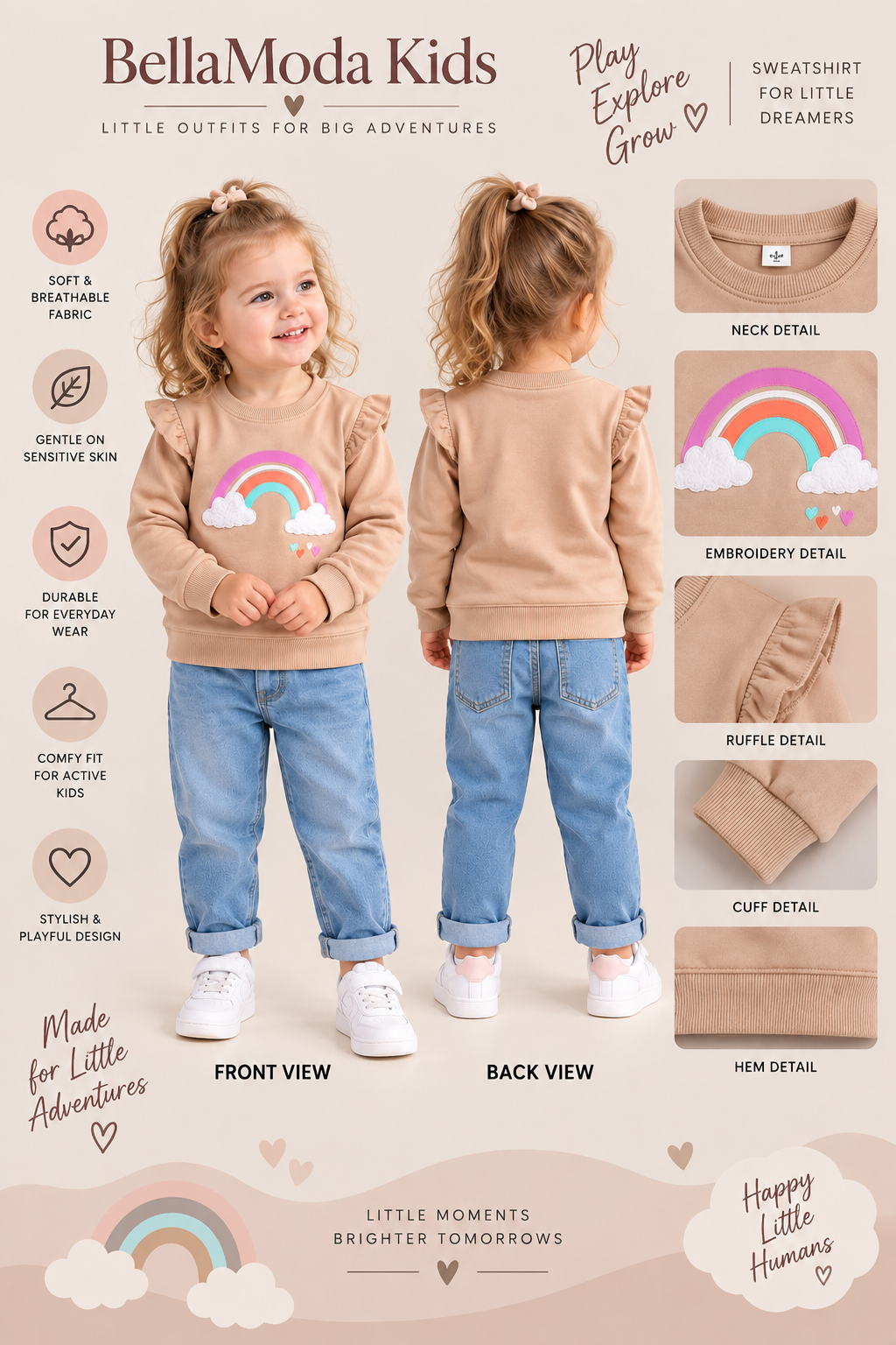 Girls Rainbow Appliqué Ruffle Sweatshirt-WIN68J
