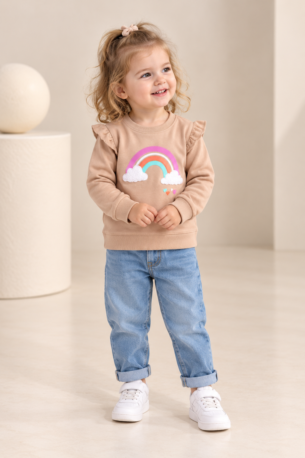 Girls Rainbow Appliqué Ruffle Sweatshirt-WIN68J