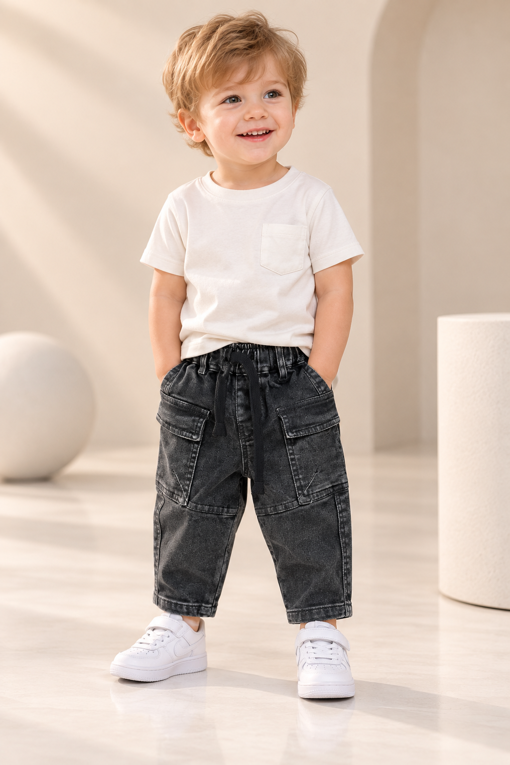 Boys Solid Black Denim Cargo Pants with Utility Pockets & Drawstring Waist-WIN6V