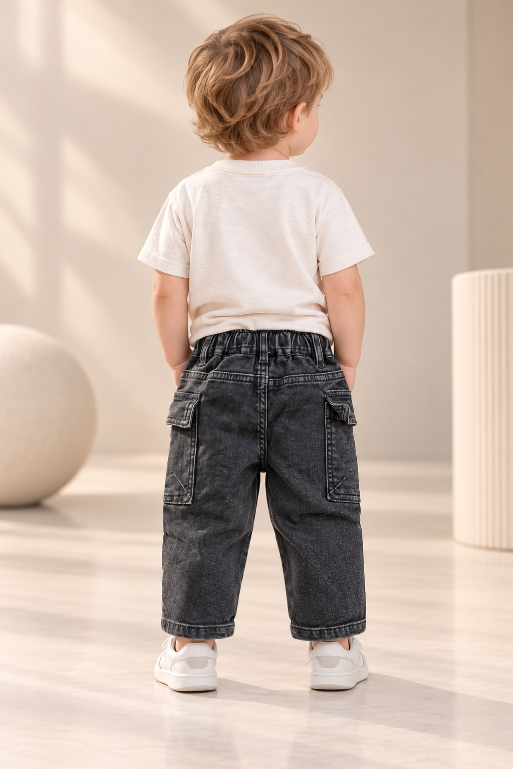 Boys Solid Black Denim Cargo Pants with Utility Pockets & Drawstring Waist-WIN6V