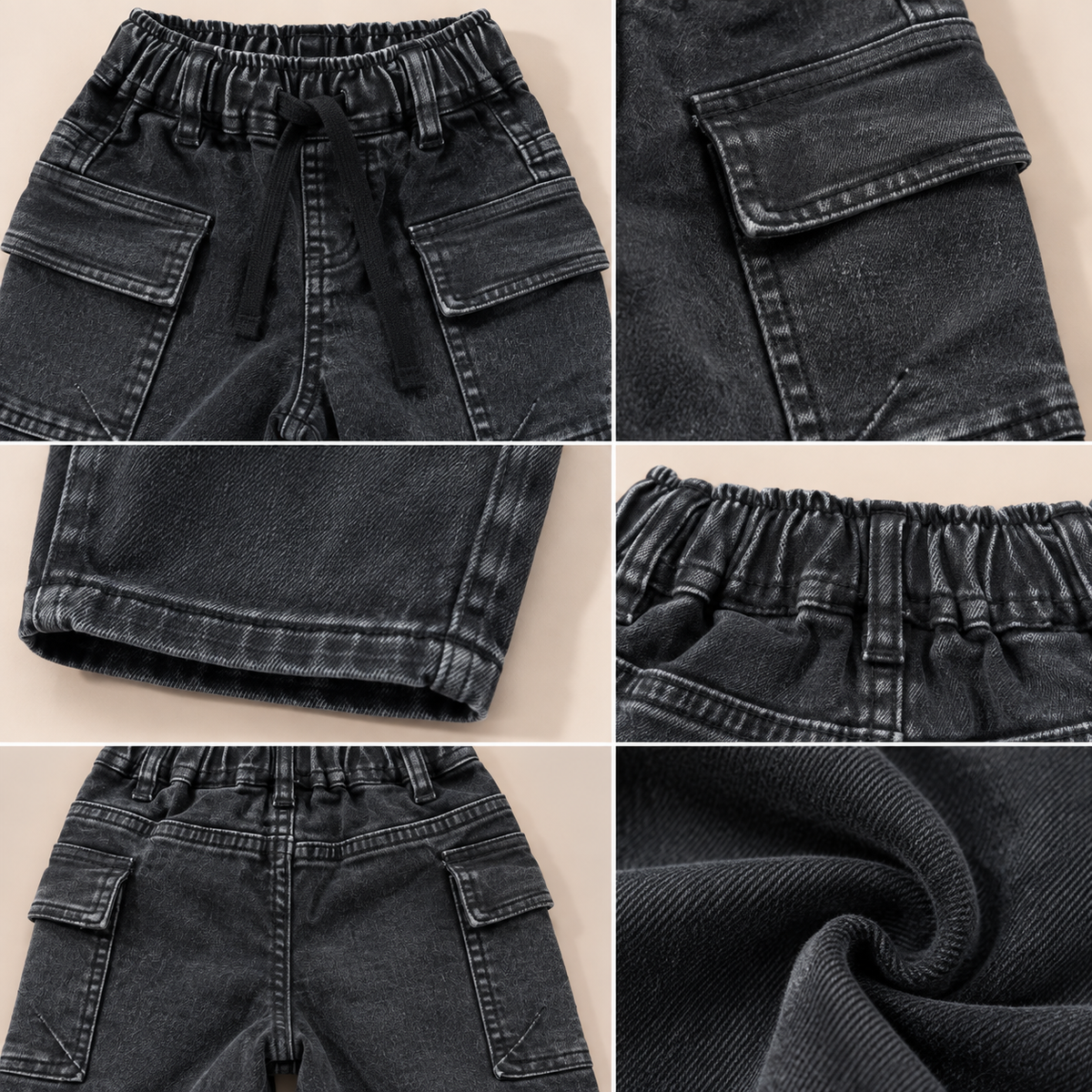 Boys Solid Black Denim Cargo Pants with Utility Pockets & Drawstring Waist-WIN6V
