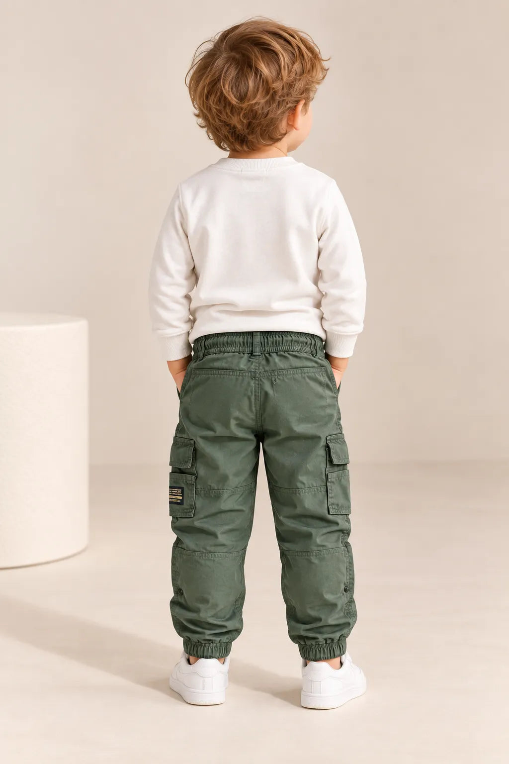 Boys Solid Olive Green Cargo Jogger Pants with Multiple Utility Pockets-WIN7V