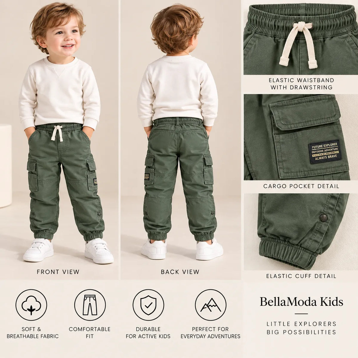 Boys Solid Olive Green Cargo Jogger Pants with Multiple Utility Pockets-WIN7V