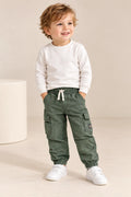 Boys Solid Olive Green Cargo Jogger Pants with Multiple Utility Pockets-WIN7V