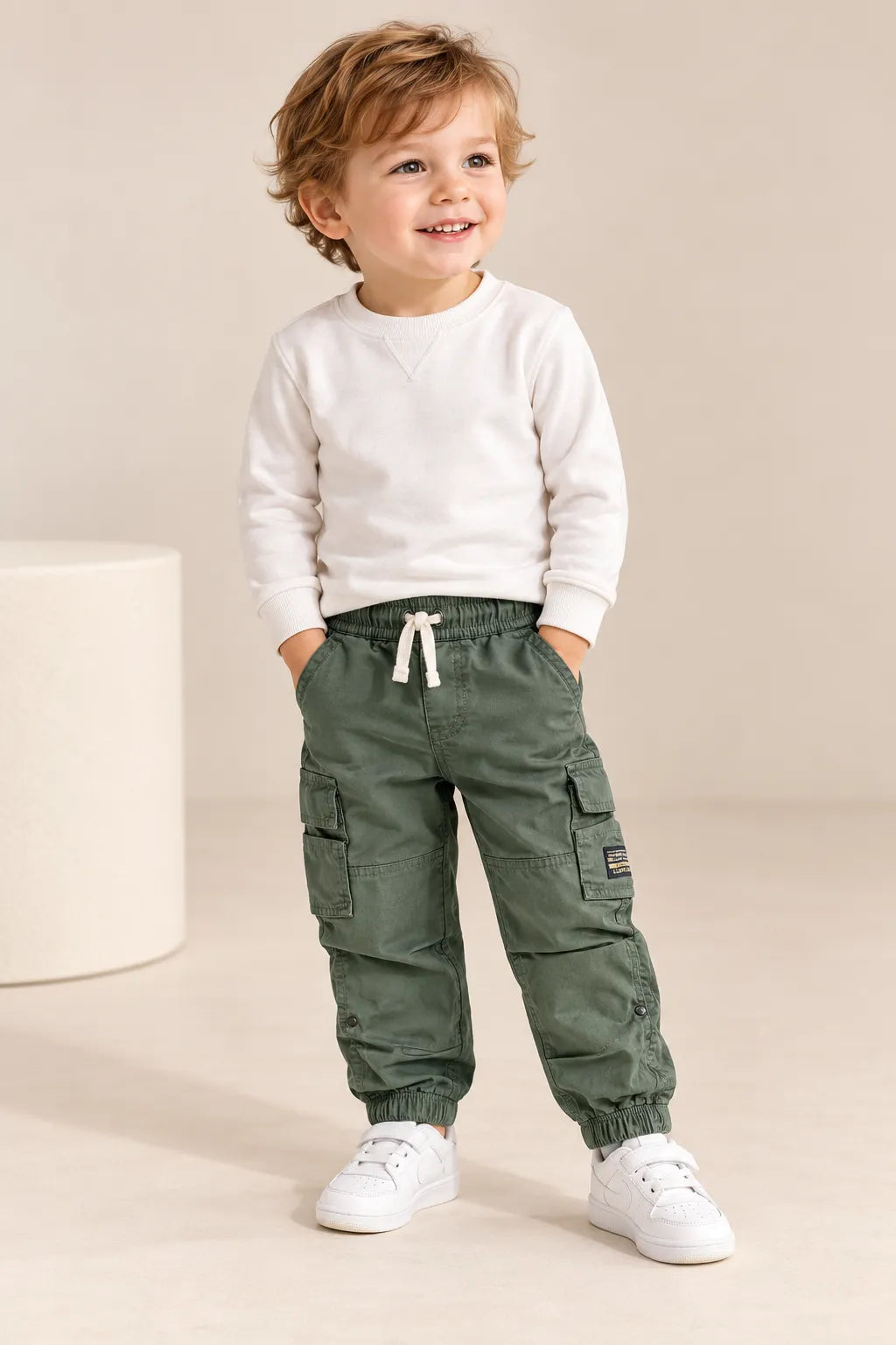 Boys Solid Olive Green Cargo Jogger Pants with Multiple Utility Pockets-WIN7V