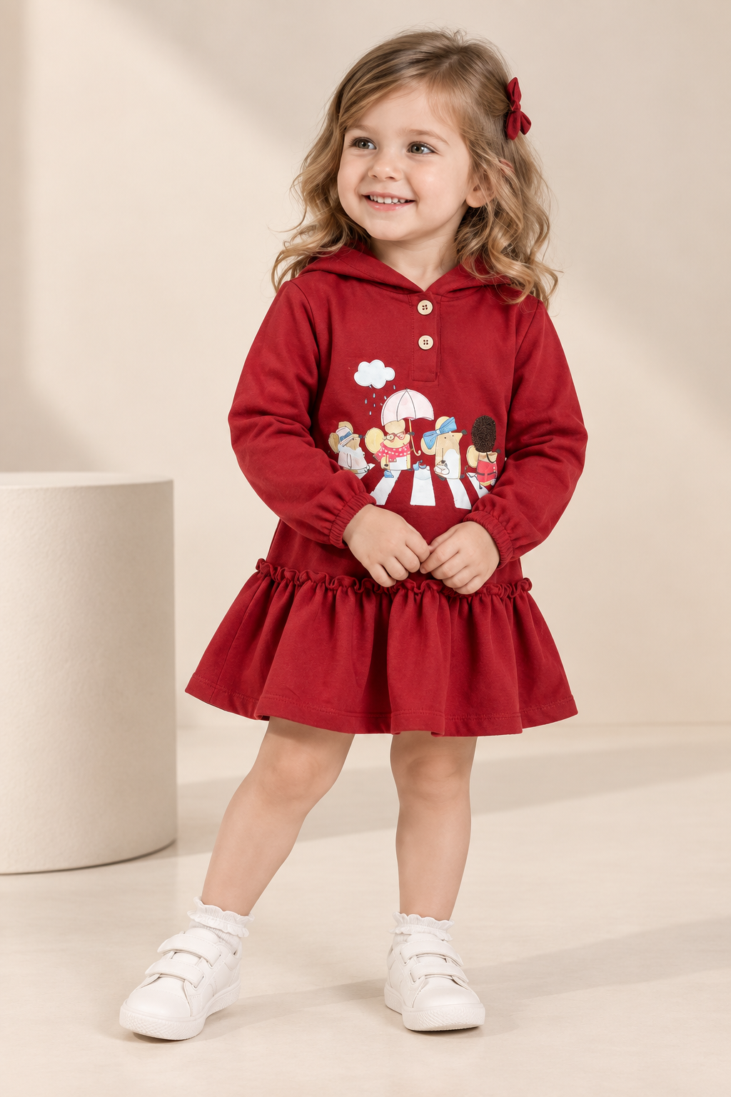 Girls Hooded Printed Sweatshirt with Flared Skirt-WIN73U