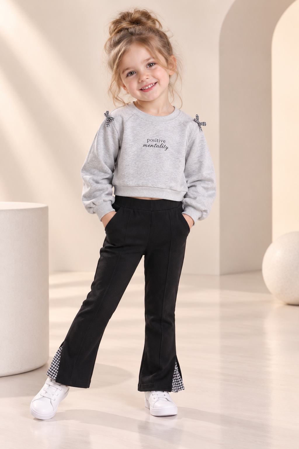 Grey Cropped Sweatshirt & Black Flared Pants Co-Ord Set with Bow Details-WIN75R