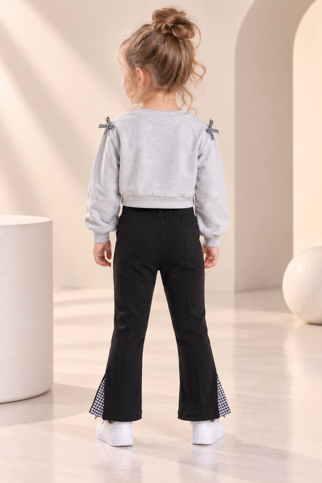 Grey Cropped Sweatshirt & Black Flared Pants Co-Ord Set with Bow Details-WIN75R