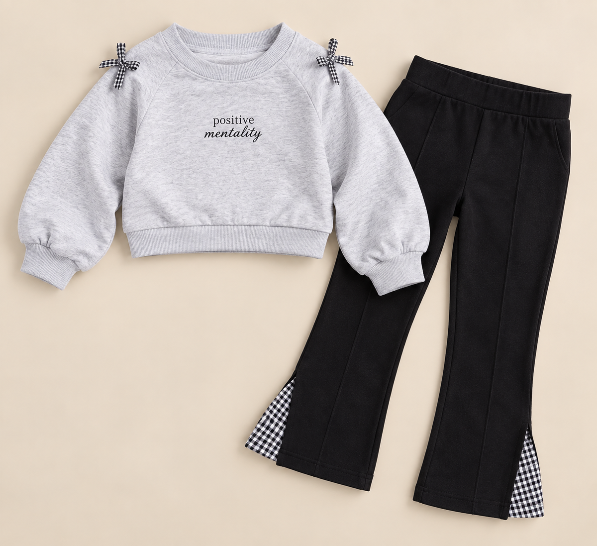 Grey Cropped Sweatshirt & Black Flared Pants Co-Ord Set with Bow Details-WIN75R