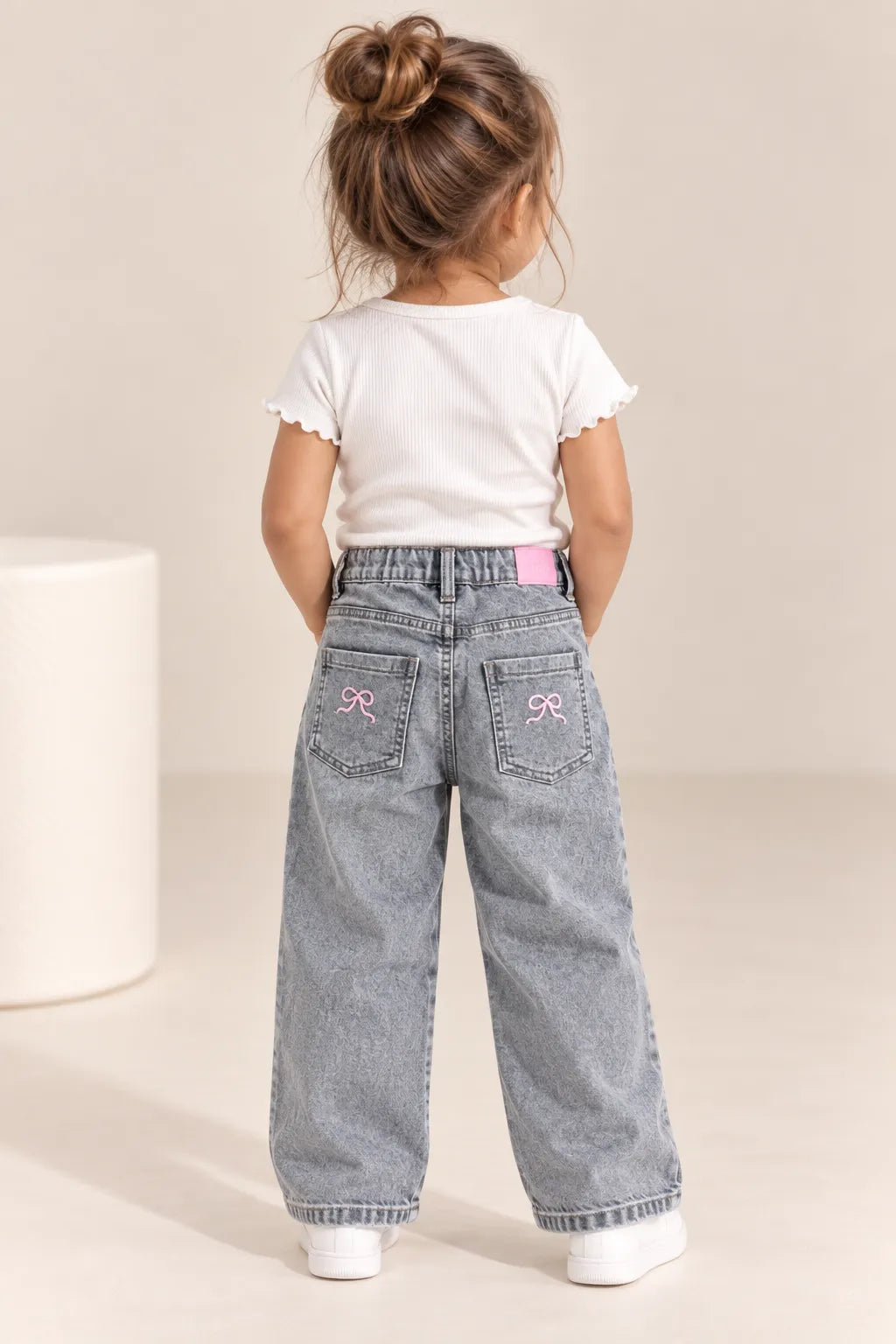 Girls Pink Bow Embroidered Wide Leg Denim Jeans-WIN8V