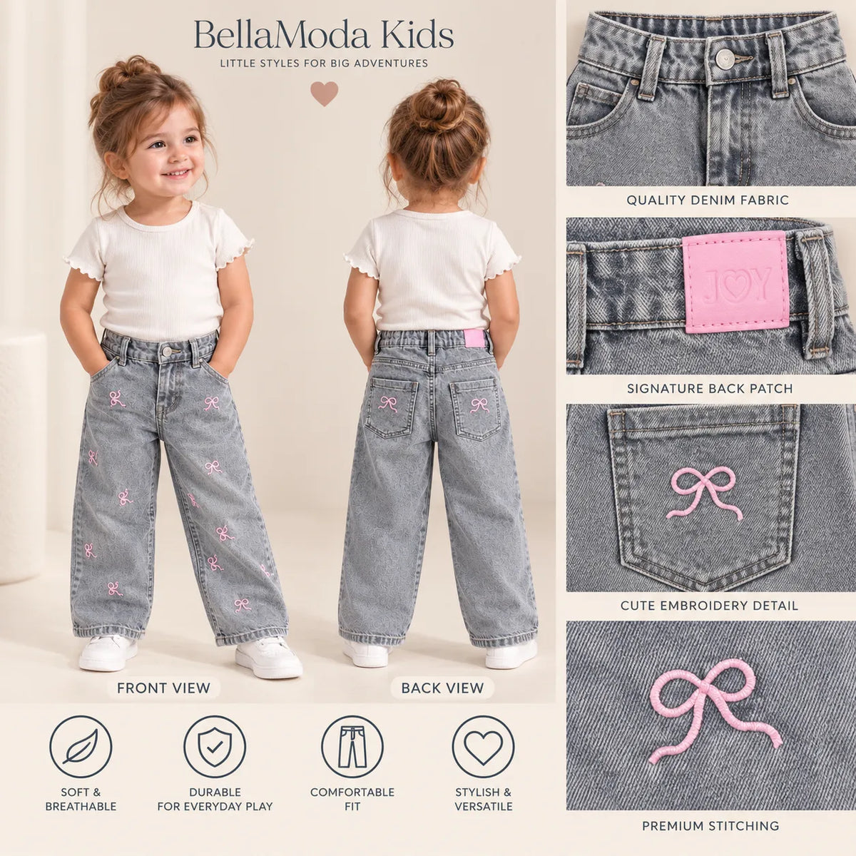 Girls Pink Bow Embroidered Wide Leg Denim Jeans-WIN8V