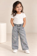 Girls Pink Bow Embroidered Wide Leg Denim Jeans-WIN8V