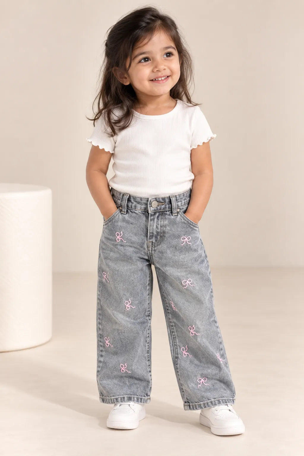 Girls Pink Bow Embroidered Wide Leg Denim Jeans-WIN8V