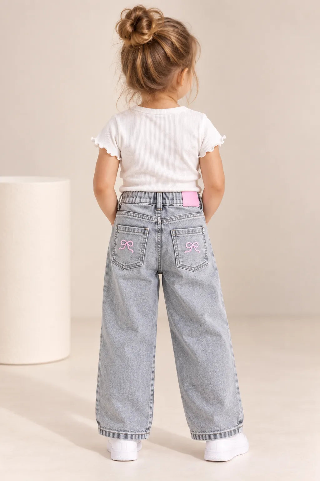 Girls Pink Bow Embroidered Wide Leg Denim Jeans-WIN9V
