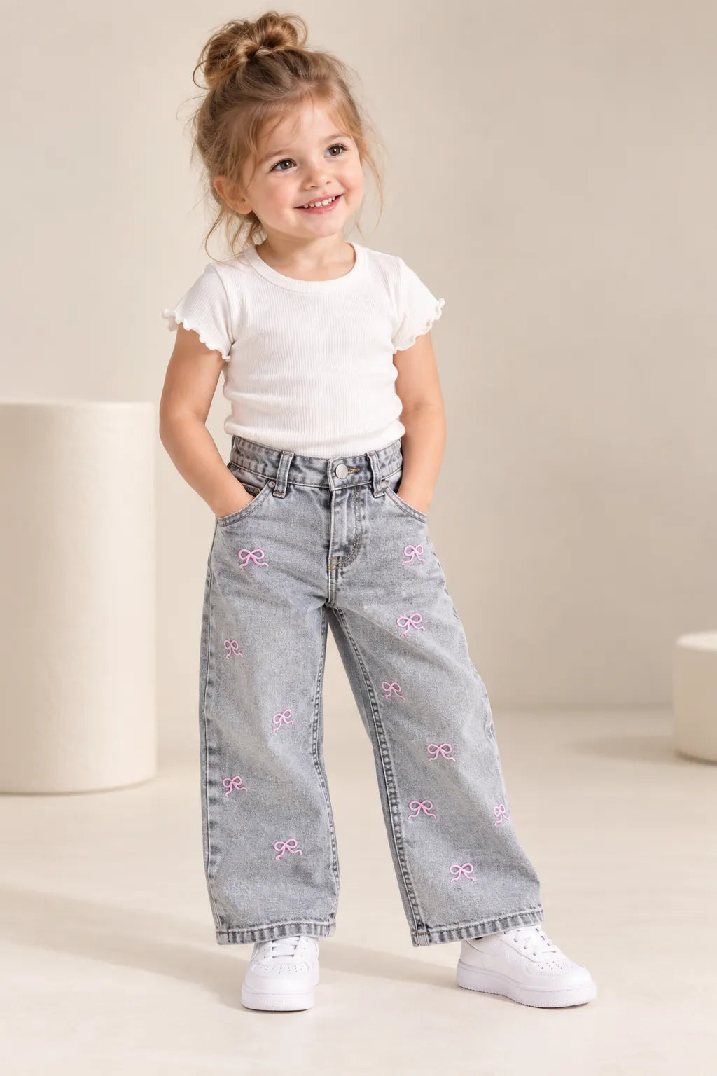 Girls Pink Bow Embroidered Wide Leg Denim Jeans-WIN9V
