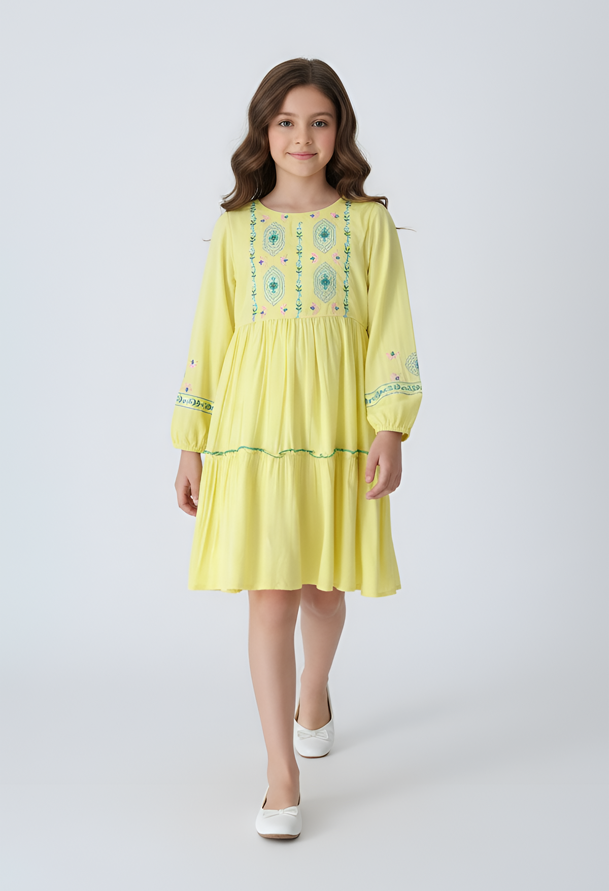 Bella Moda Cotton Woven Full Sleeve Floral Embroidered Fit and Flare Dress-Yellow- APDR537TT