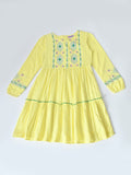 Bella Moda Cotton Woven Full Sleeve Floral Embroidered Fit and Flare Dress-Yellow- APDR537TT