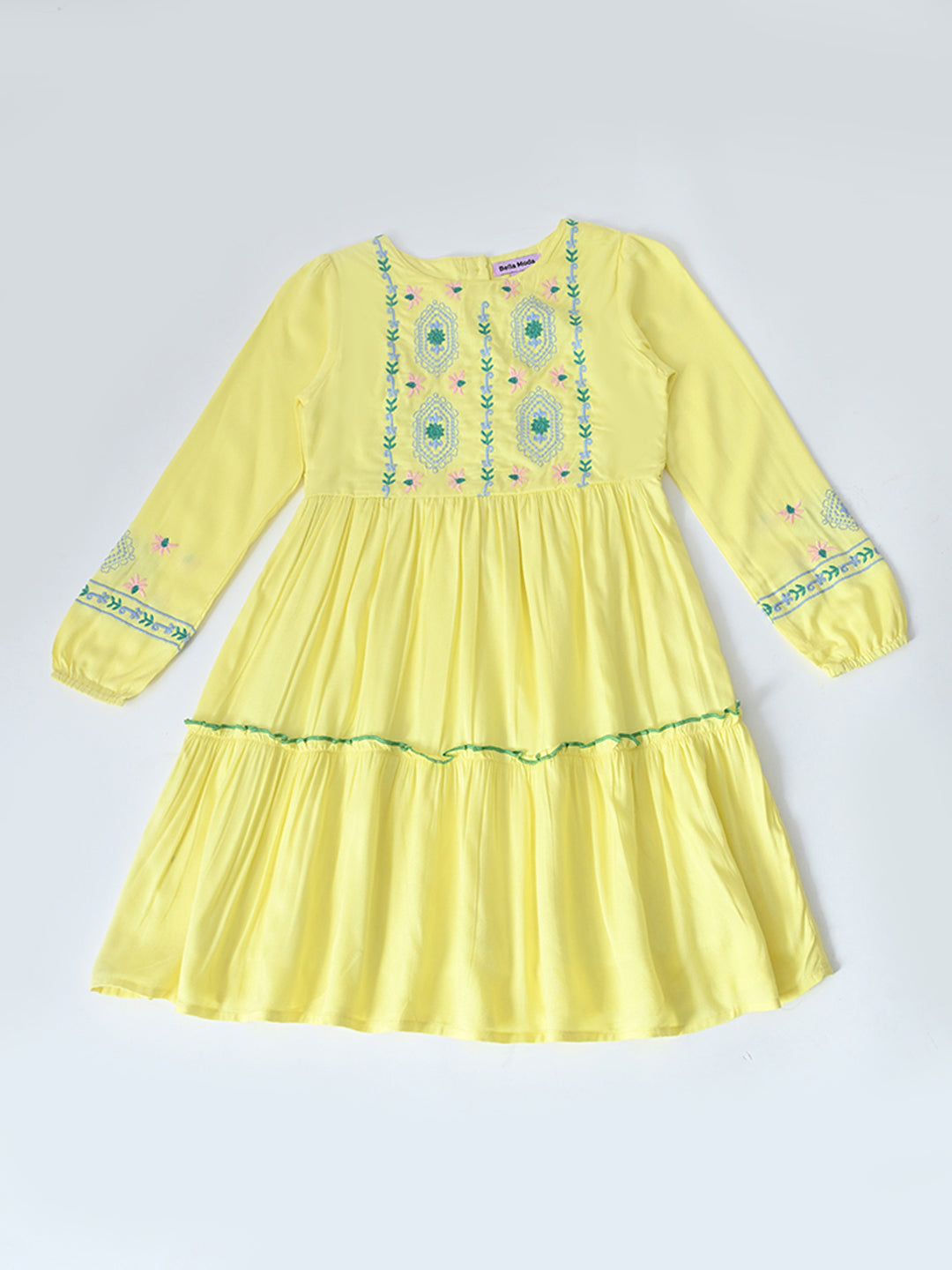 Bella Moda Cotton Woven Full Sleeve Floral Embroidered Fit and Flare Dress-Yellow- APDR537TT
