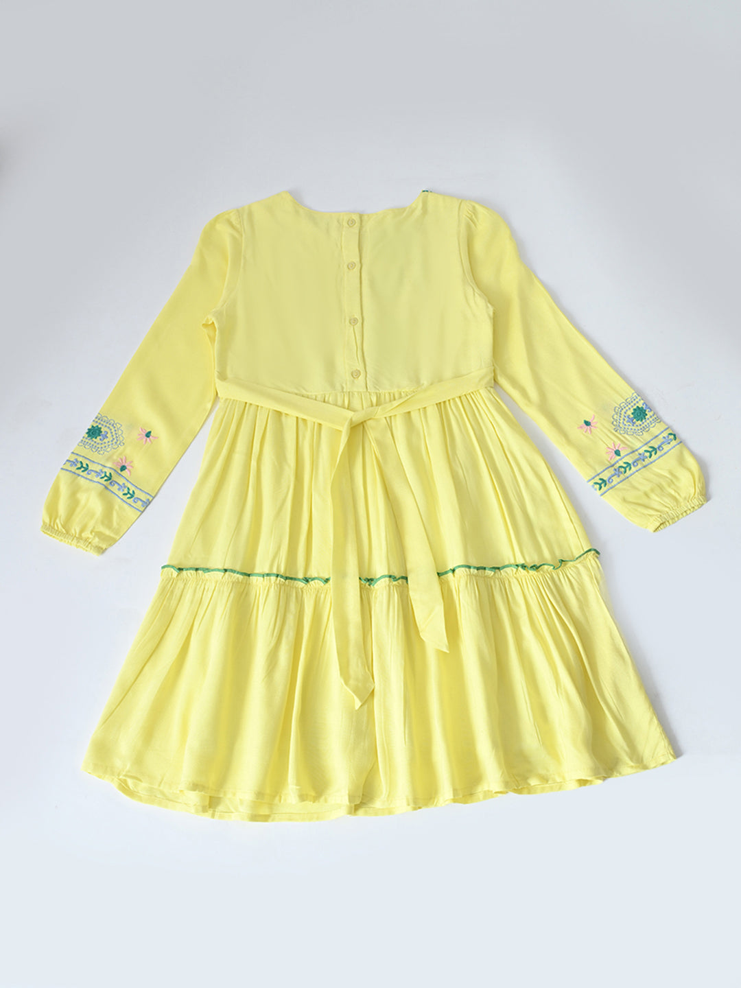 Bella Moda Cotton Woven Full Sleeve Floral Embroidered Fit and Flare Dress-Yellow- APDR537TT