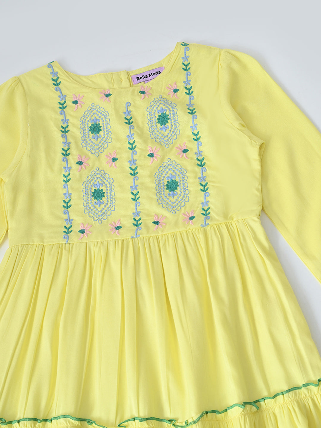 Bella Moda Cotton Woven Full Sleeve Floral Embroidered Fit and Flare Dress-Yellow- APDR537TT