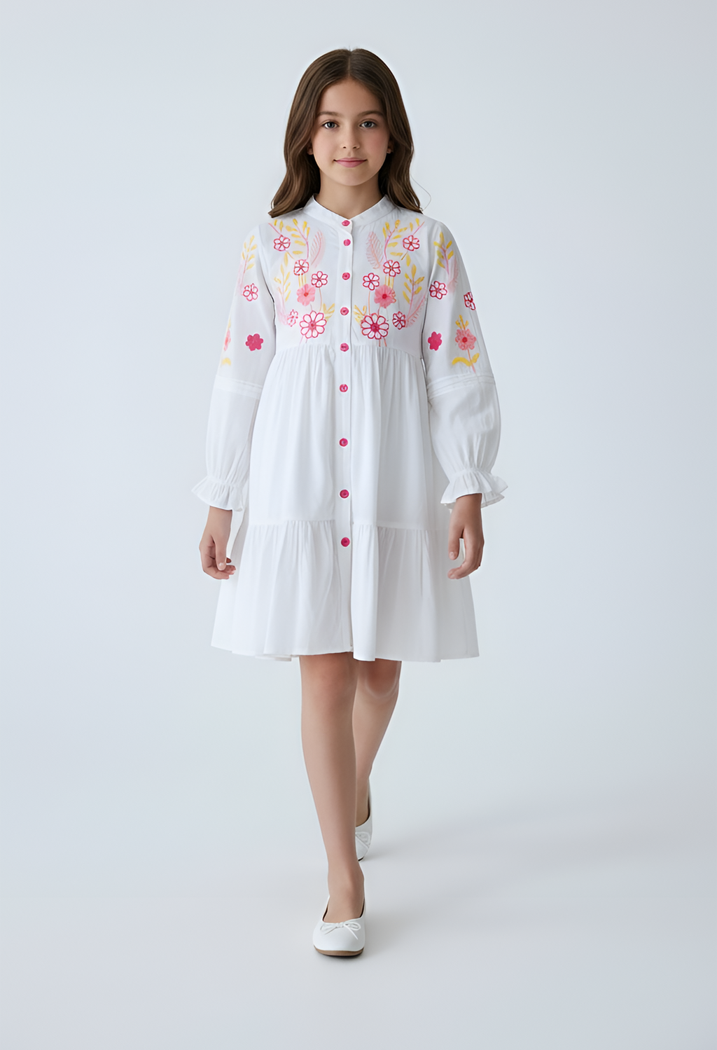 Bella Moda Cotton Woven Full Sleeve Floral Embroidered Fit and Flare Dress-White- APDR542TT