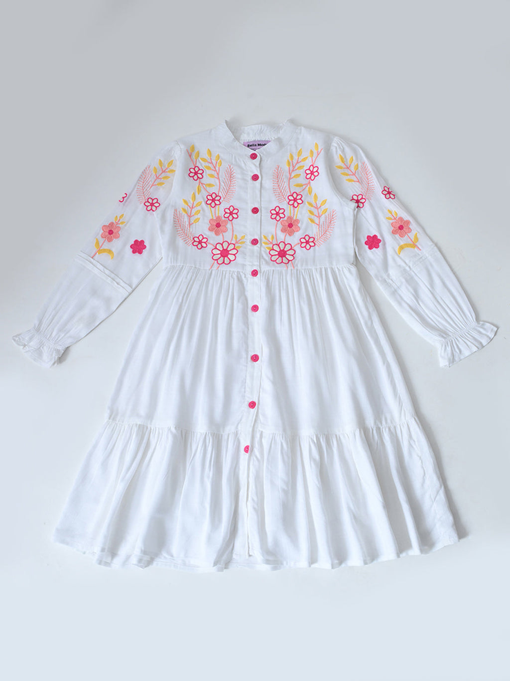 Bella Moda Cotton Woven Full Sleeve Floral Embroidered Fit and Flare Dress-White- APDR542TT