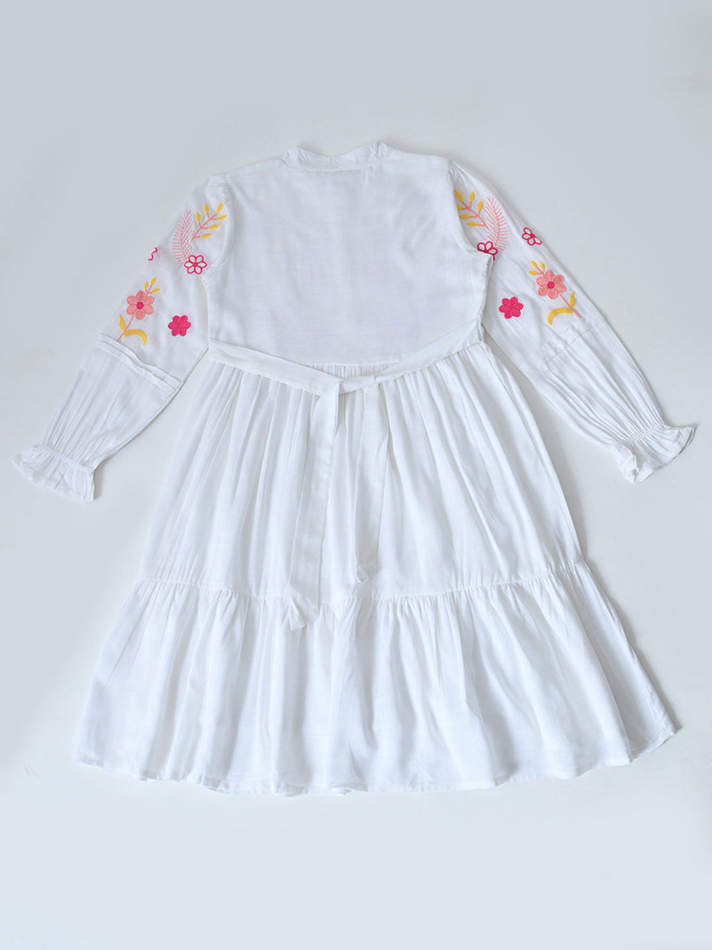 Bella Moda Cotton Woven Full Sleeve Floral Embroidered Fit and Flare Dress-White- APDR542TT